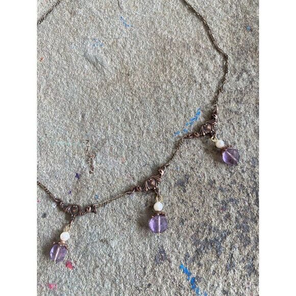 Collar Necklace Romantic Dangle Brass Beaded Brocade Pearl Romantic Purple - Picture 3 of 9